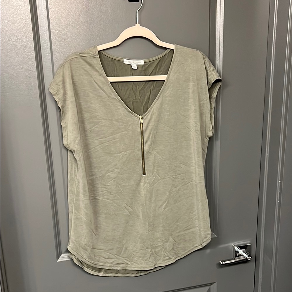 Olive Green V-Neck Top with Zipper Detail
